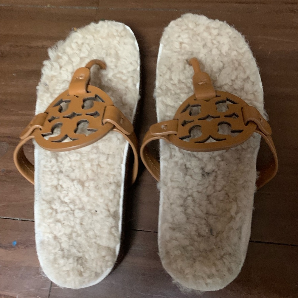 Tory Burch Brown Shearling Slippers